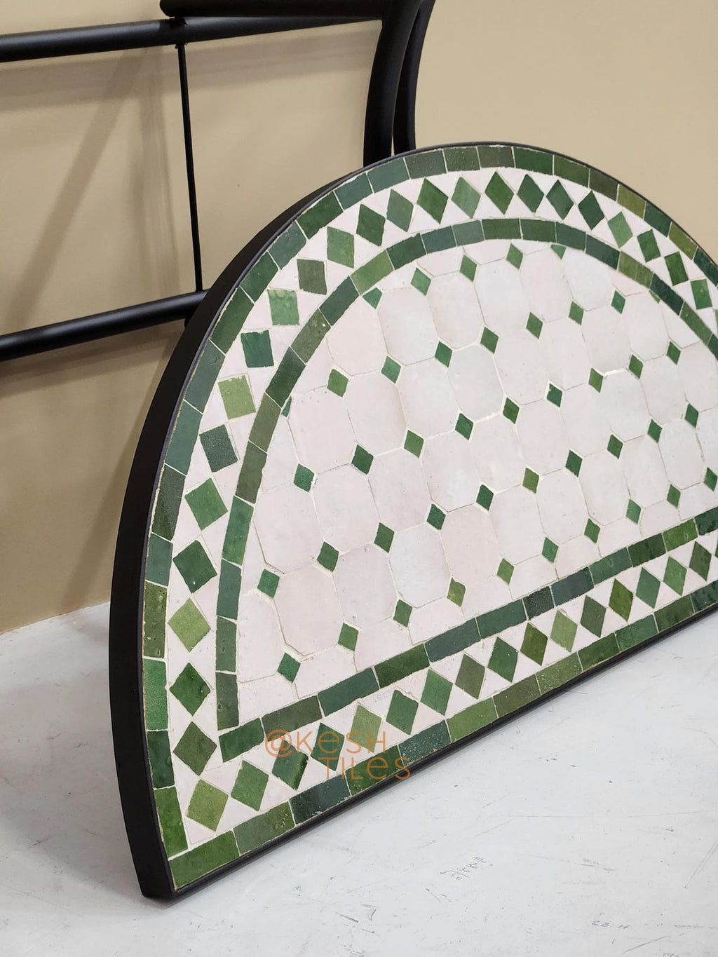 Taziri - Green and White Mosaic Console Table, Half Moon Handmade Zellige Table