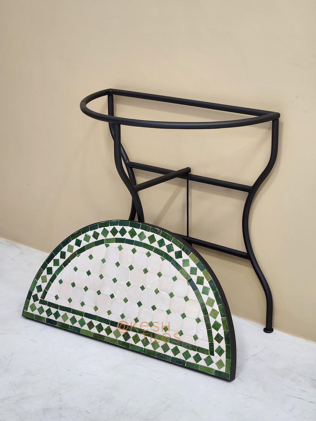 Taziri - Green and White Mosaic Console Table, Half Moon Handmade Zellige Table
