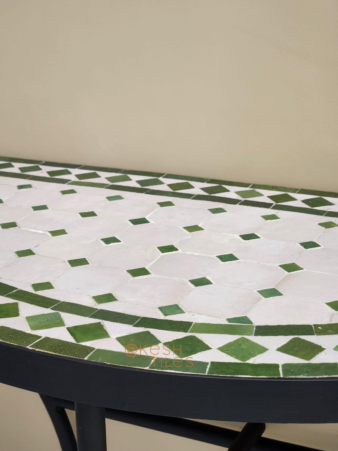 Taziri - Green and White Mosaic Console Table, Half Moon Handmade Zellige Table