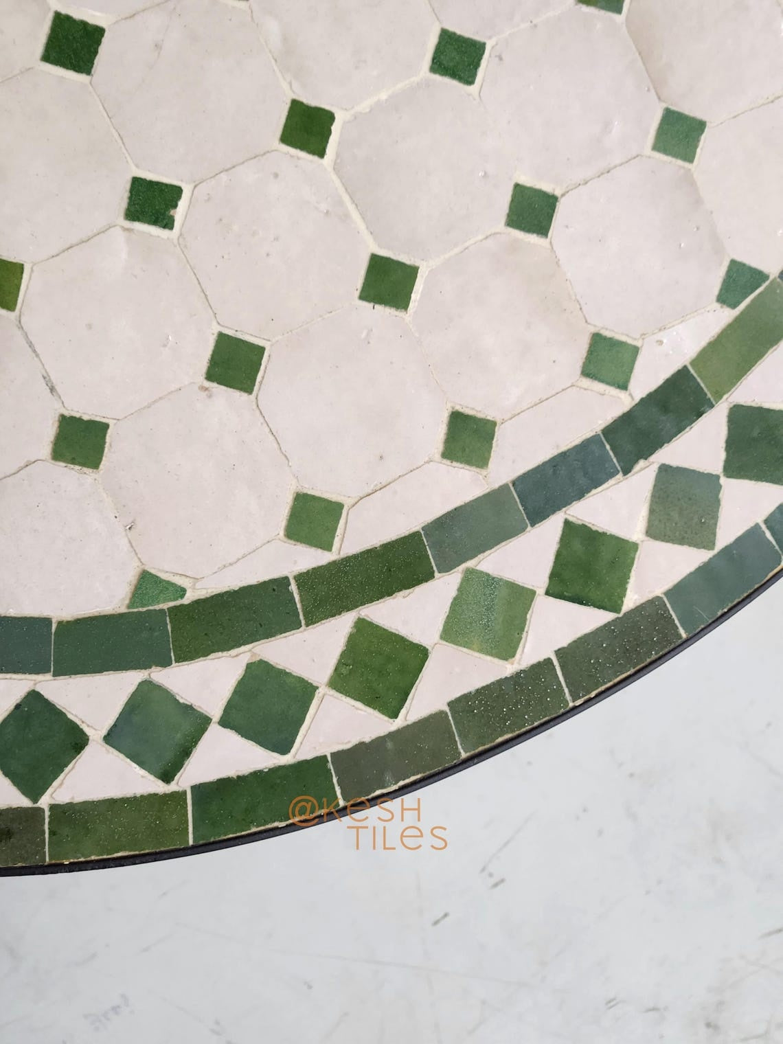 Taziri - Green and White Mosaic Console Table, Half Moon Handmade Zellige Table