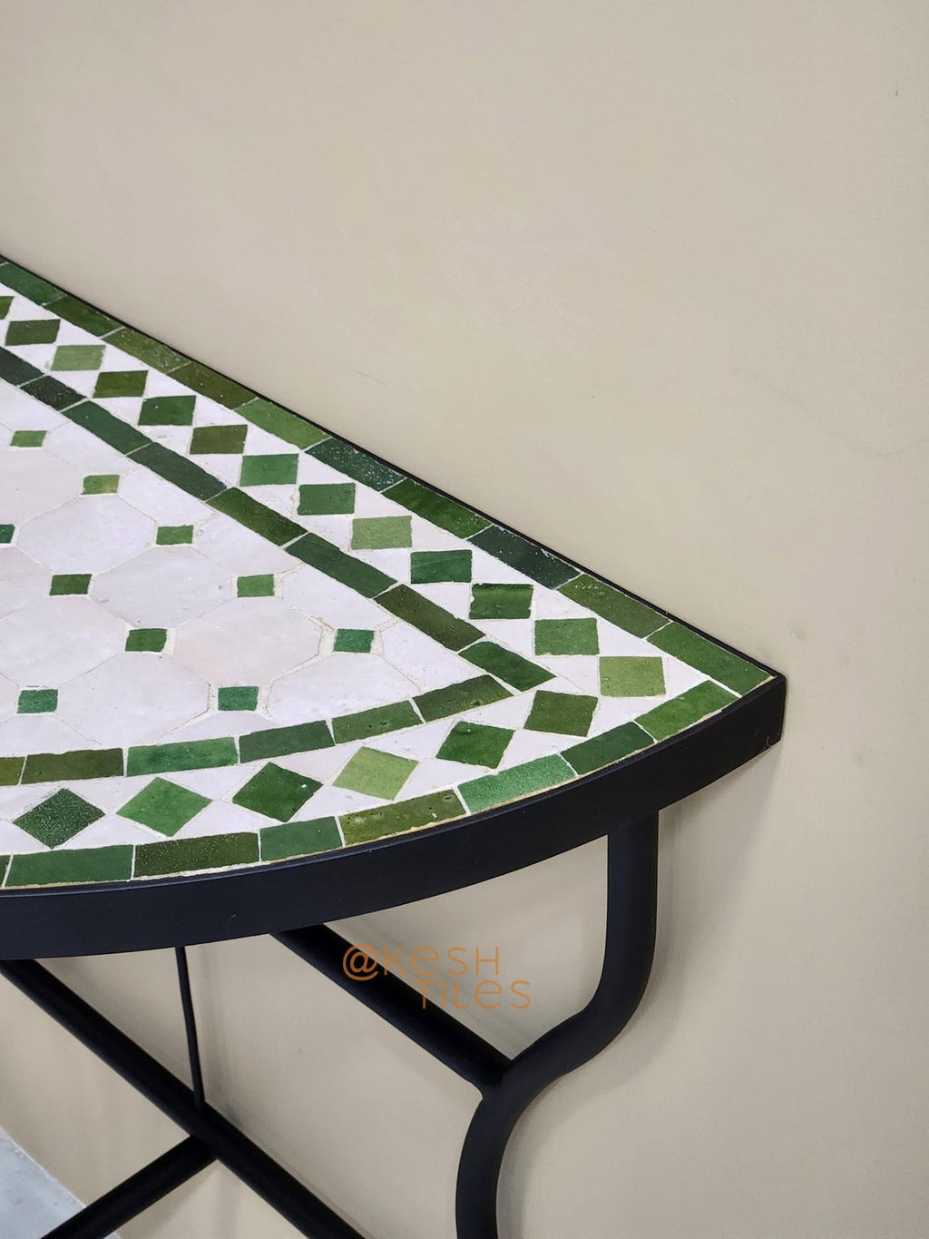 Taziri - Green and White Mosaic Console Table, Half Moon Handmade Zellige Table