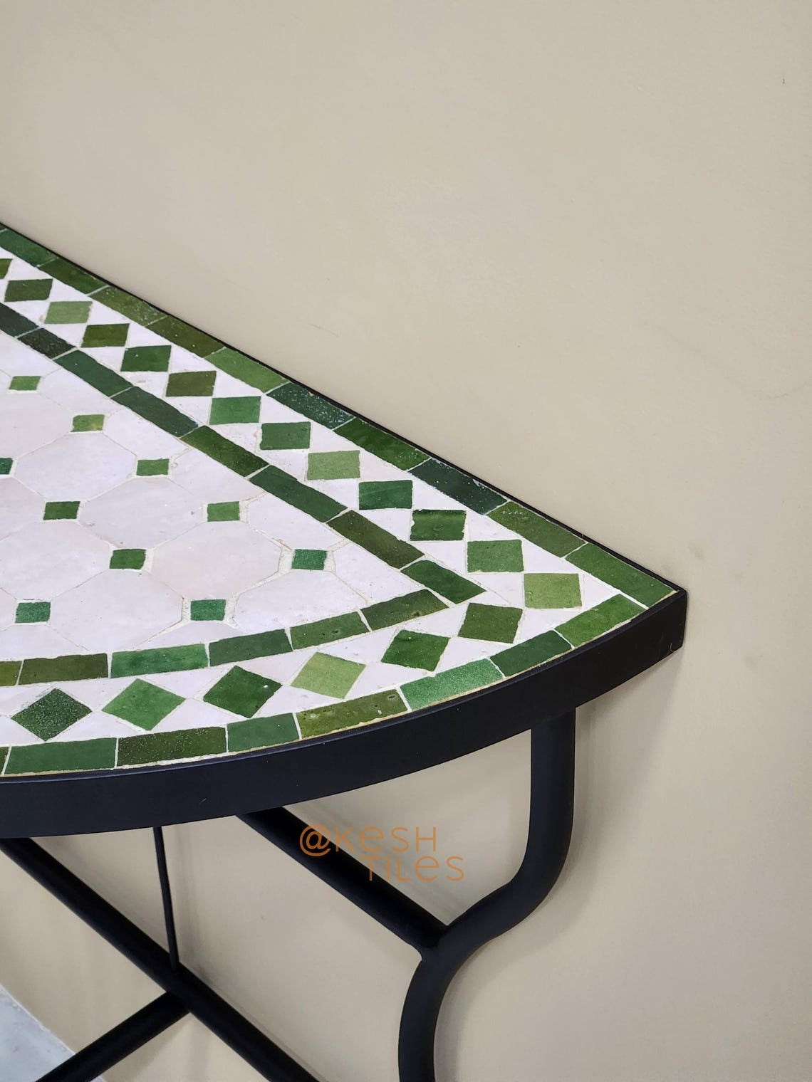Taziri - Green and White Mosaic Console Table, Half Moon Handmade Zellige Table