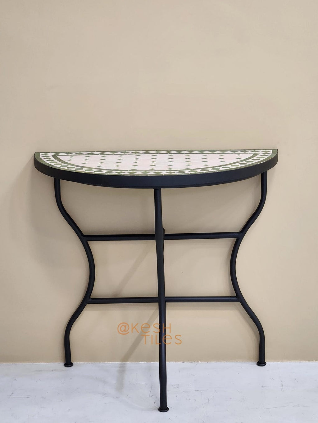 Taziri - Green and White Mosaic Console Table, Half Moon Handmade Zellige Table