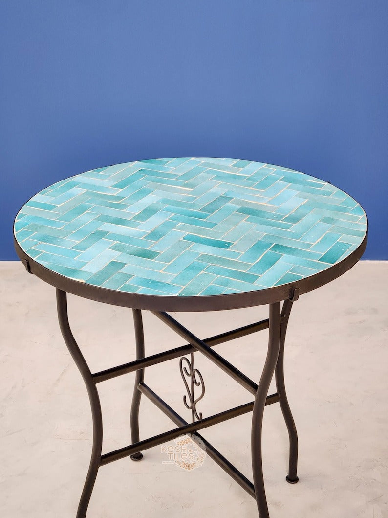 Assil - Turquoise Mosaic Table, Handmade Herringbone Moroccan Patio Table
