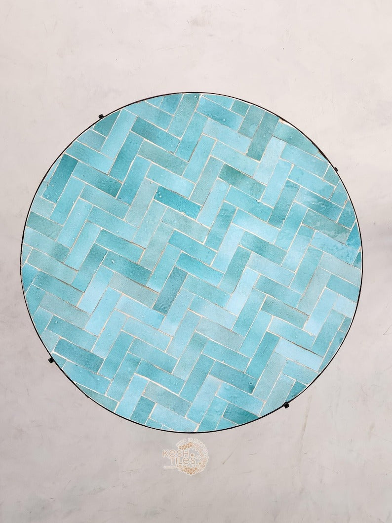 Assil - Turquoise Mosaic Table, Handmade Herringbone Moroccan Patio Table