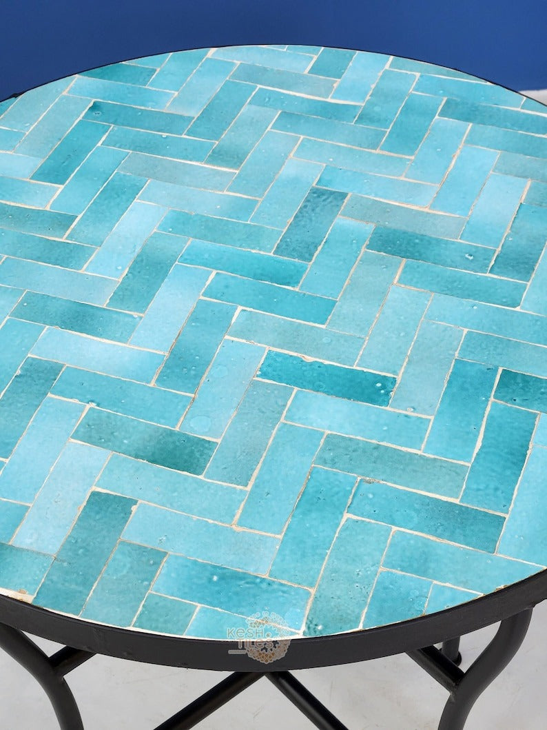 Assil - Turquoise Mosaic Table, Handmade Herringbone Moroccan Patio Table