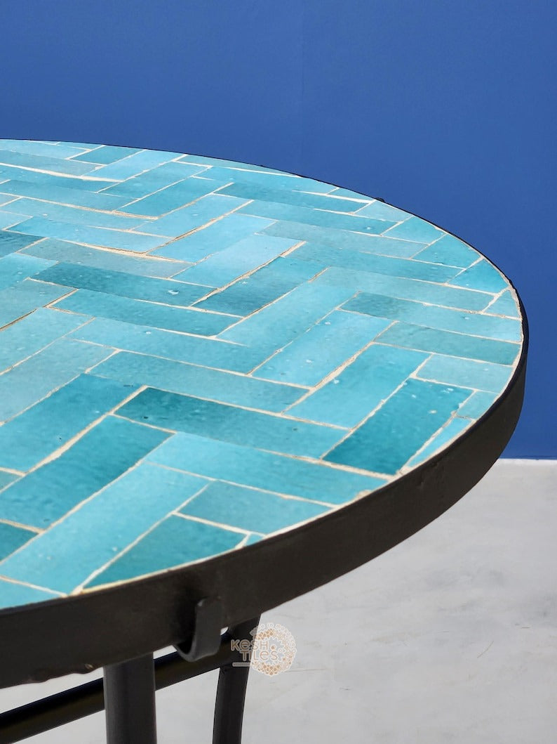 Assil - Turquoise Mosaic Table, Handmade Herringbone Moroccan Patio Table
