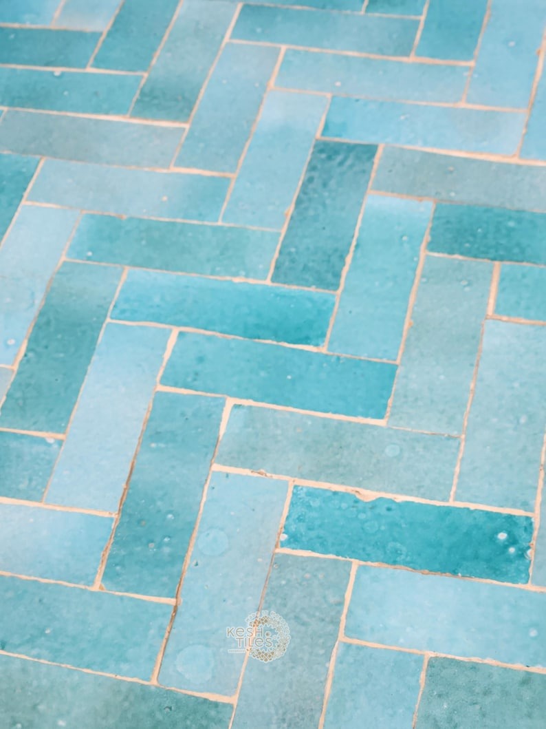 Assil - Turquoise Mosaic Table, Handmade Herringbone Moroccan Patio Table