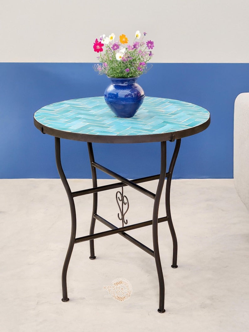 Assil - Turquoise Mosaic Table, Handmade Herringbone Moroccan Patio Table