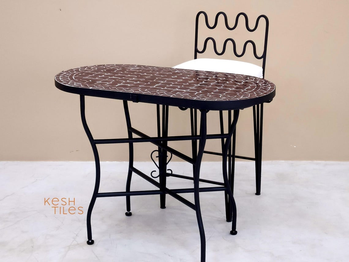 Nouria - Oval Brown Mosaic Table, Handmade Moroccan Zellige Patio Garden Furniture