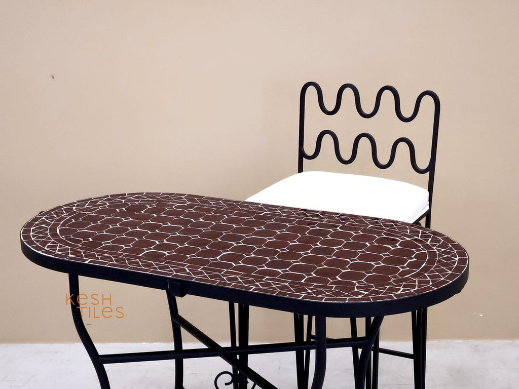 Nouria - Oval Brown Mosaic Table, Handmade Moroccan Zellige Patio Garden Furniture