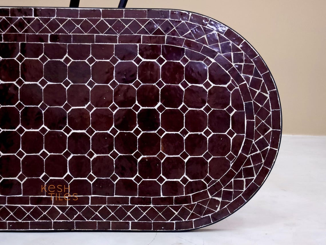 Nouria - Oval Brown Mosaic Table, Handmade Moroccan Zellige Patio Garden Furniture