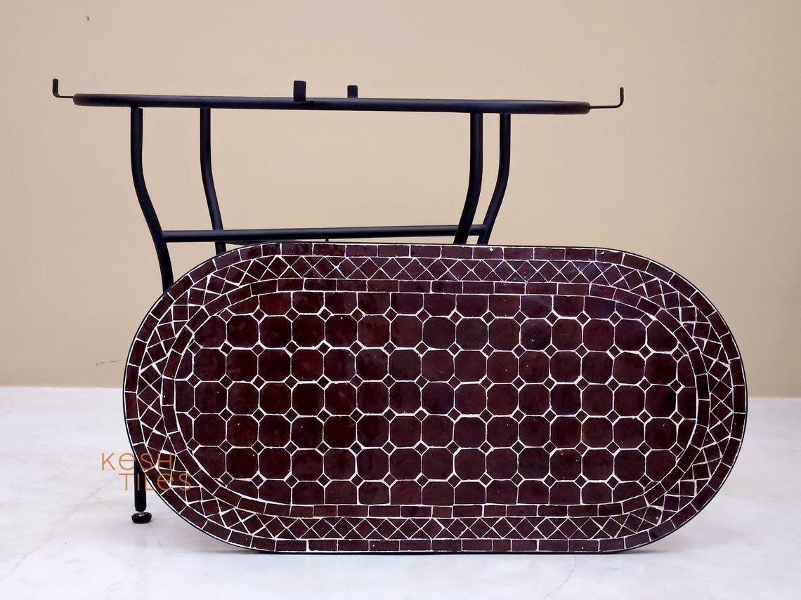 Nouria - Oval Brown Mosaic Table, Handmade Moroccan Zellige Patio Garden Furniture