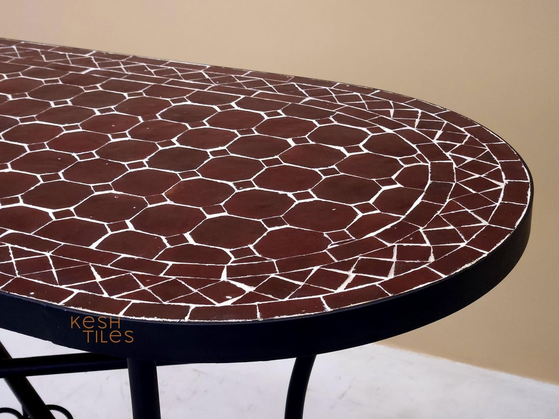 Nouria - Oval Brown Mosaic Table, Handmade Moroccan Zellige Patio Garden Furniture