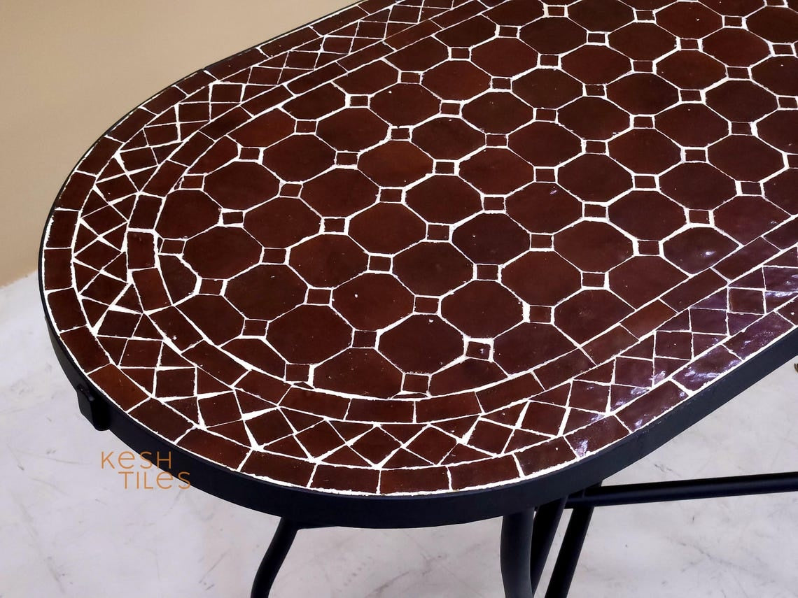 Nouria - Oval Brown Mosaic Table, Handmade Moroccan Zellige Patio Garden Furniture