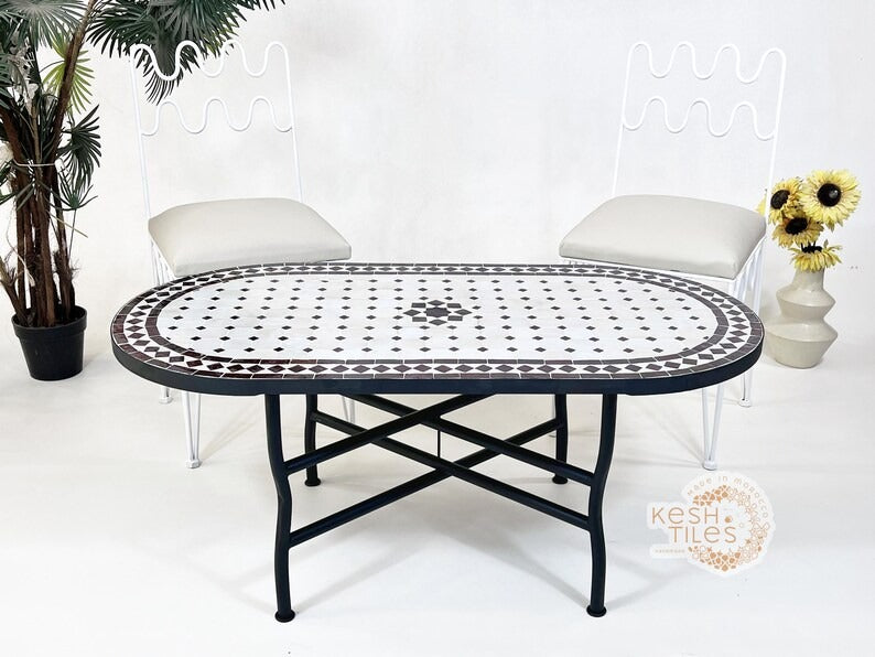 Meryam - Oval Brown Mosaic Table, Handmade Off White Moroccan Patio Table
