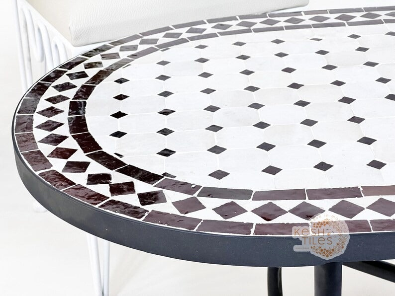 Meryam - Oval Brown Mosaic Table, Handmade Off White Moroccan Patio Table