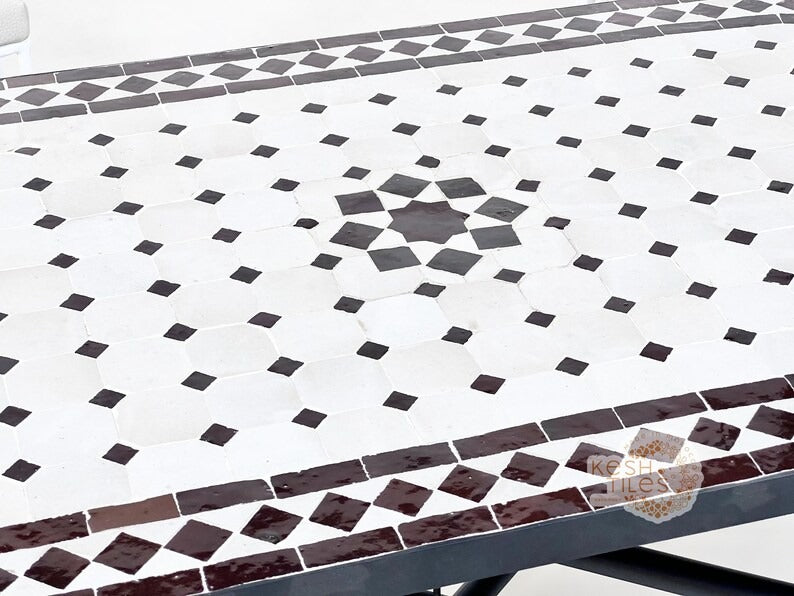 Meryam - Oval Brown Mosaic Table, Handmade Off White Moroccan Patio Table