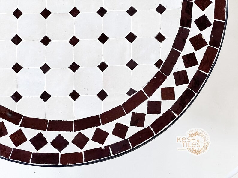Meryam - Oval Brown Mosaic Table, Handmade Off White Moroccan Patio Table