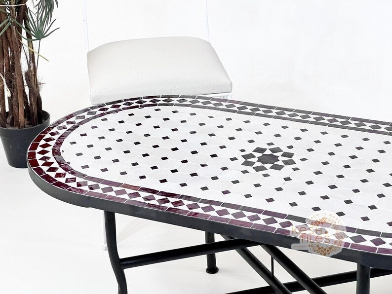 Meryam - Oval Brown Mosaic Table, Handmade Off White Moroccan Patio Table