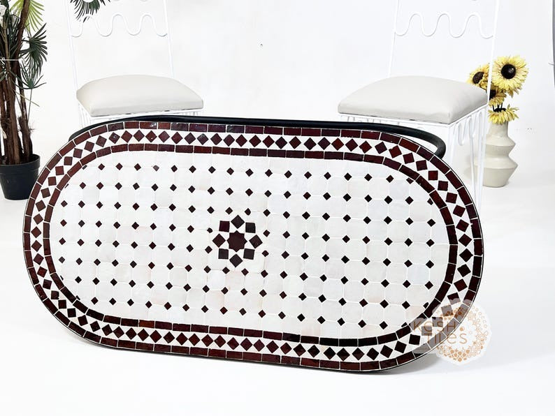 Meryam - Oval Brown Mosaic Table, Handmade Off White Moroccan Patio Table