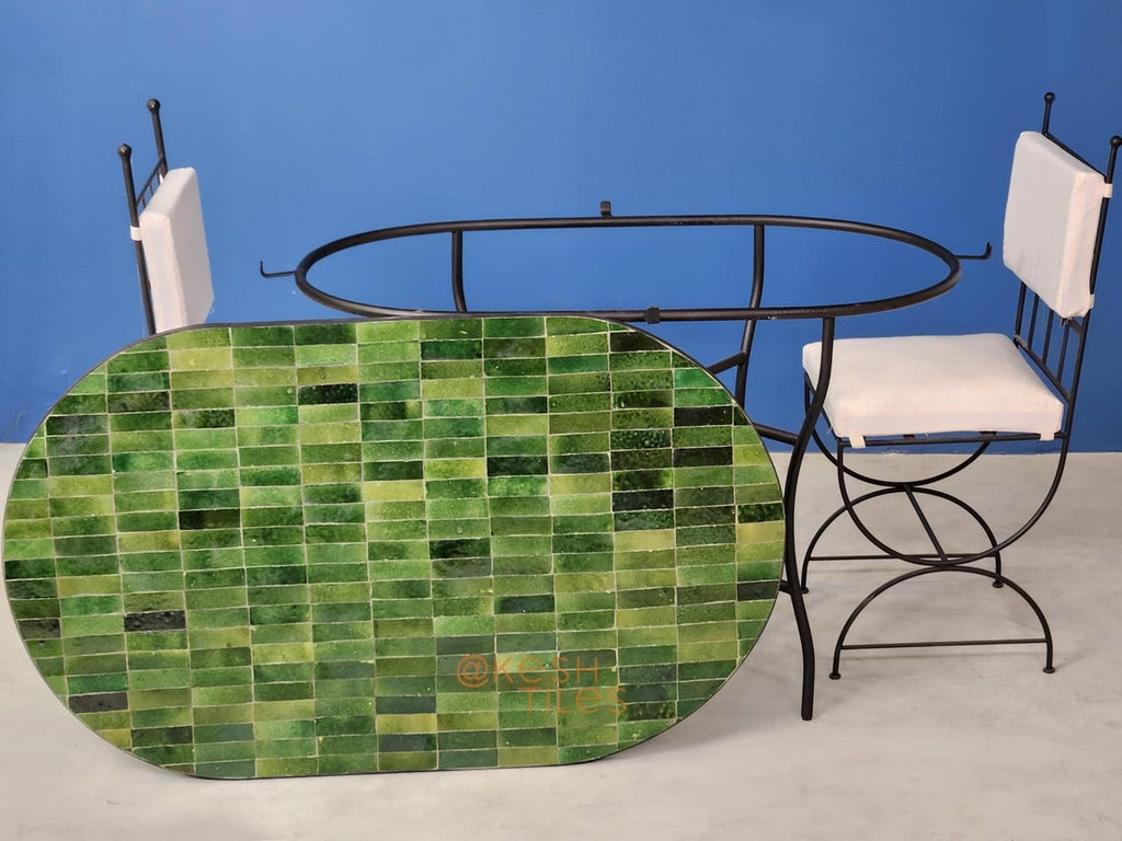Khadija - Green Mosaic Oval Table, Handmade Moroccan Zellige Patio Table