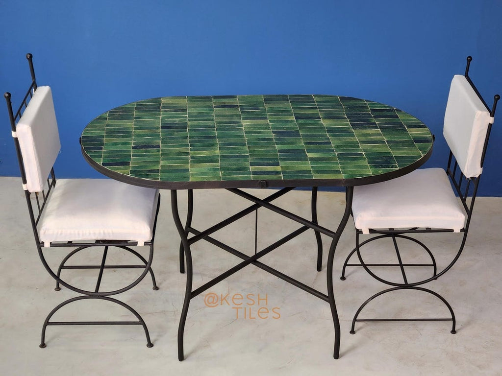 Khadija - Green Mosaic Oval Table, Handmade Moroccan Zellige Patio Table