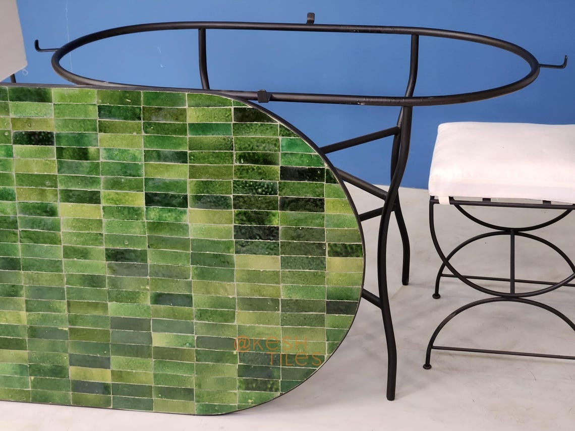 Khadija - Green Mosaic Oval Table, Handmade Moroccan Zellige Patio Table