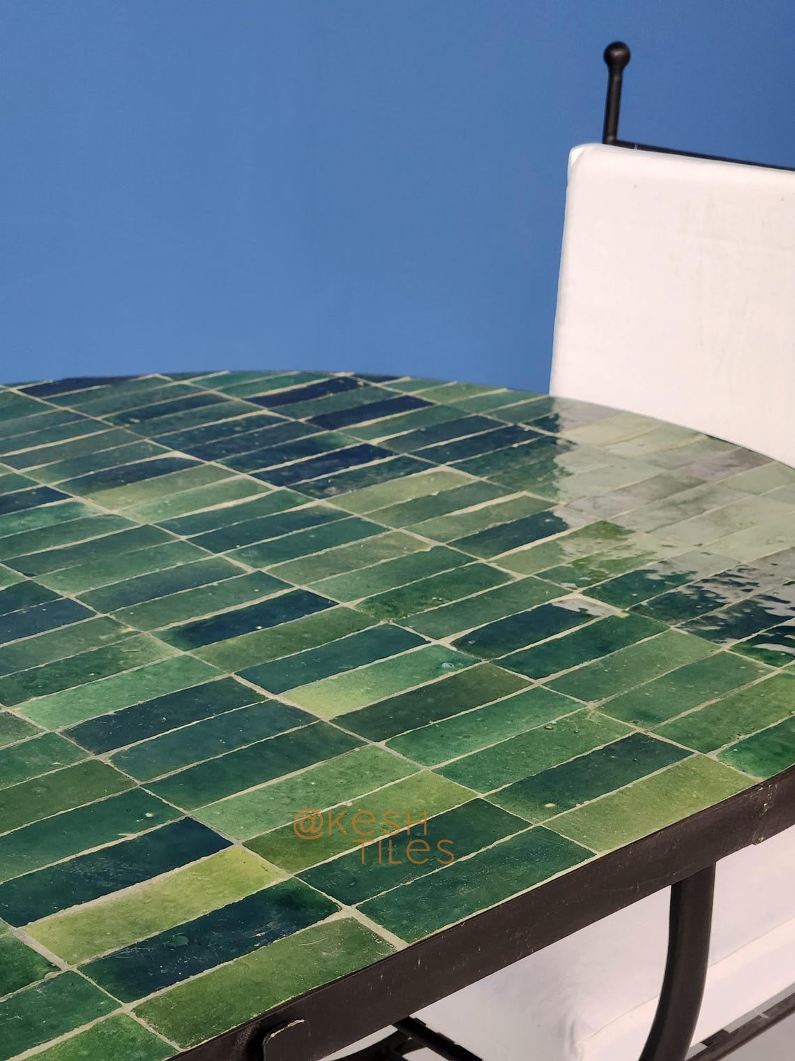 Khadija - Green Mosaic Oval Table, Handmade Moroccan Zellige Patio Table