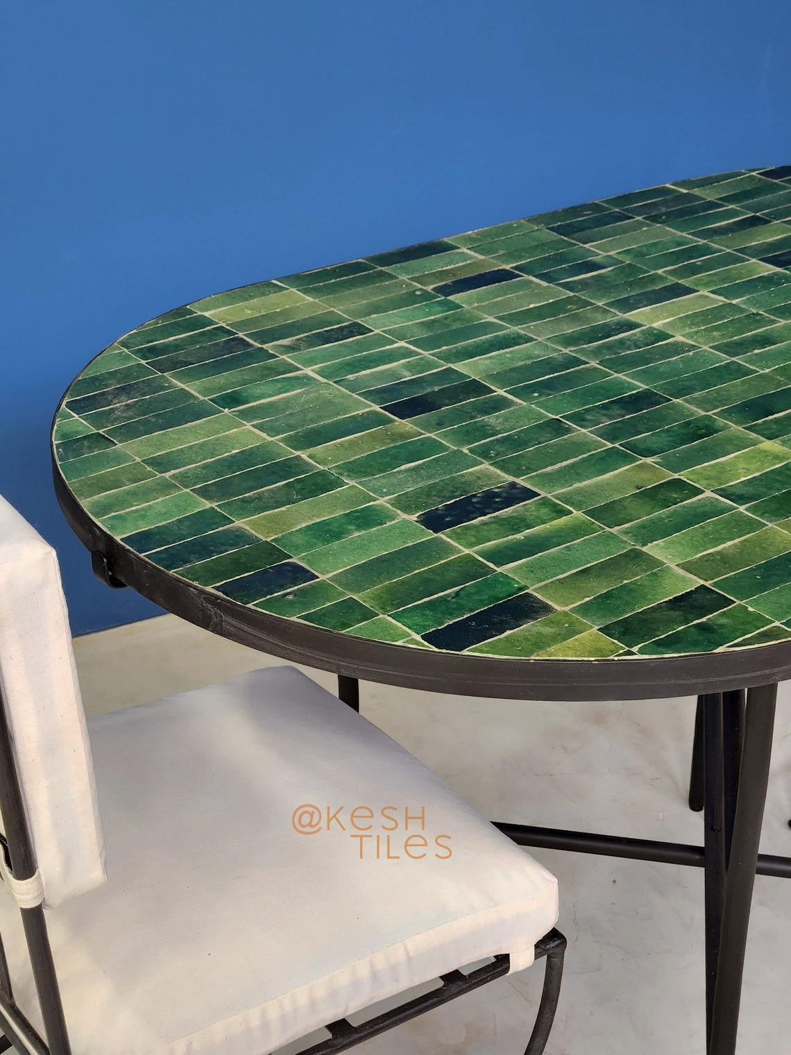 Khadija - Green Mosaic Oval Table, Handmade Moroccan Zellige Patio Table