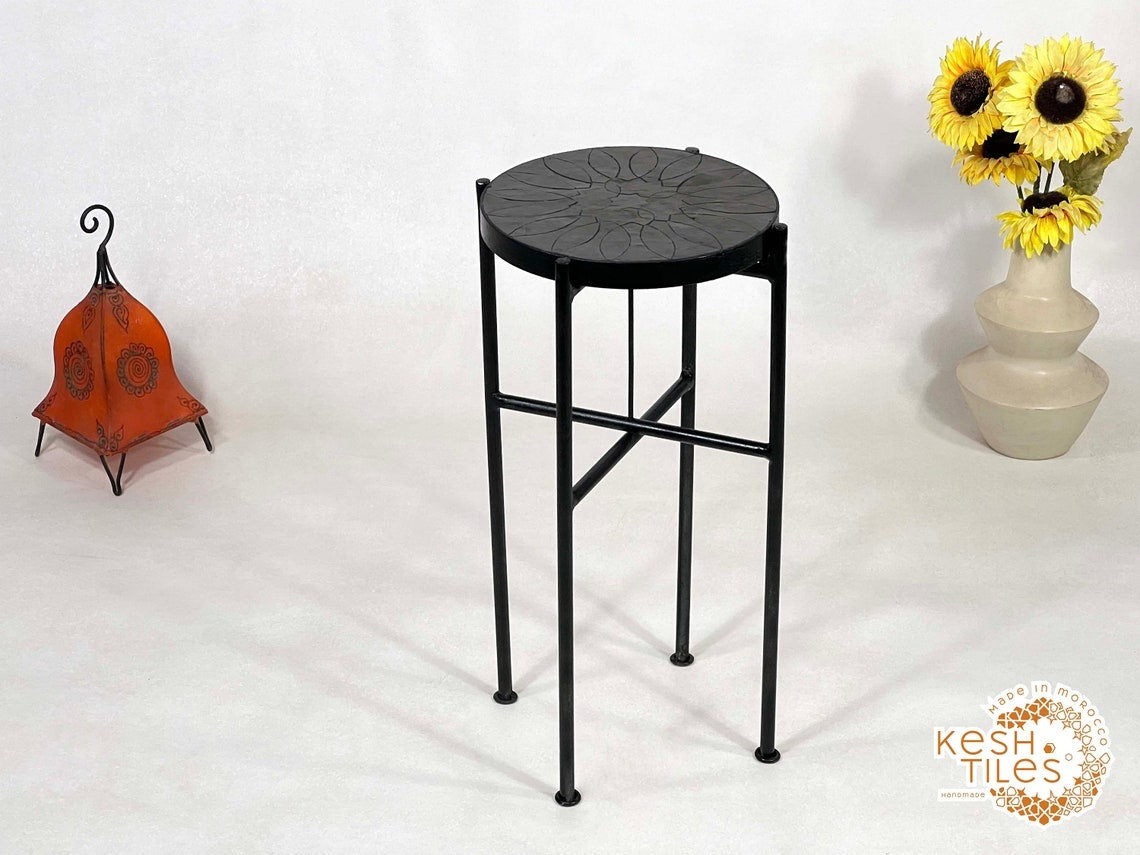Bahia - Round Black Flower Mosaic Table, Handmade Moroccan Zellige with Iron Base