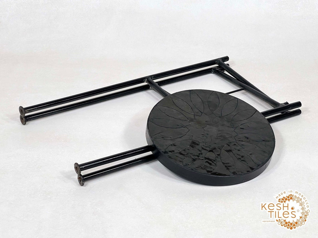 Bahia - Round Black Flower Mosaic Table, Handmade Moroccan Zellige with Iron Base