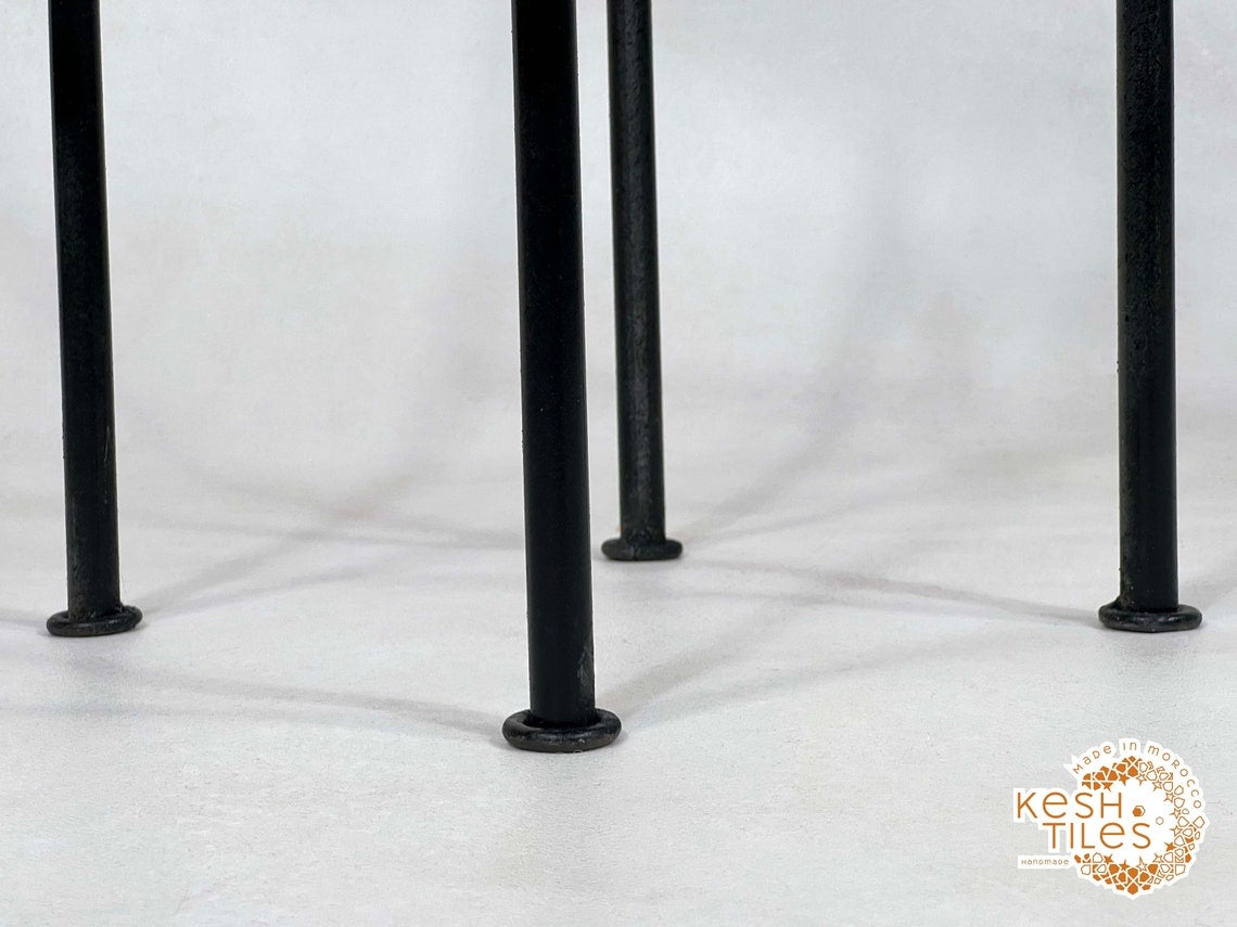 Bahia - Round Black Flower Mosaic Table, Handmade Moroccan Zellige with Iron Base