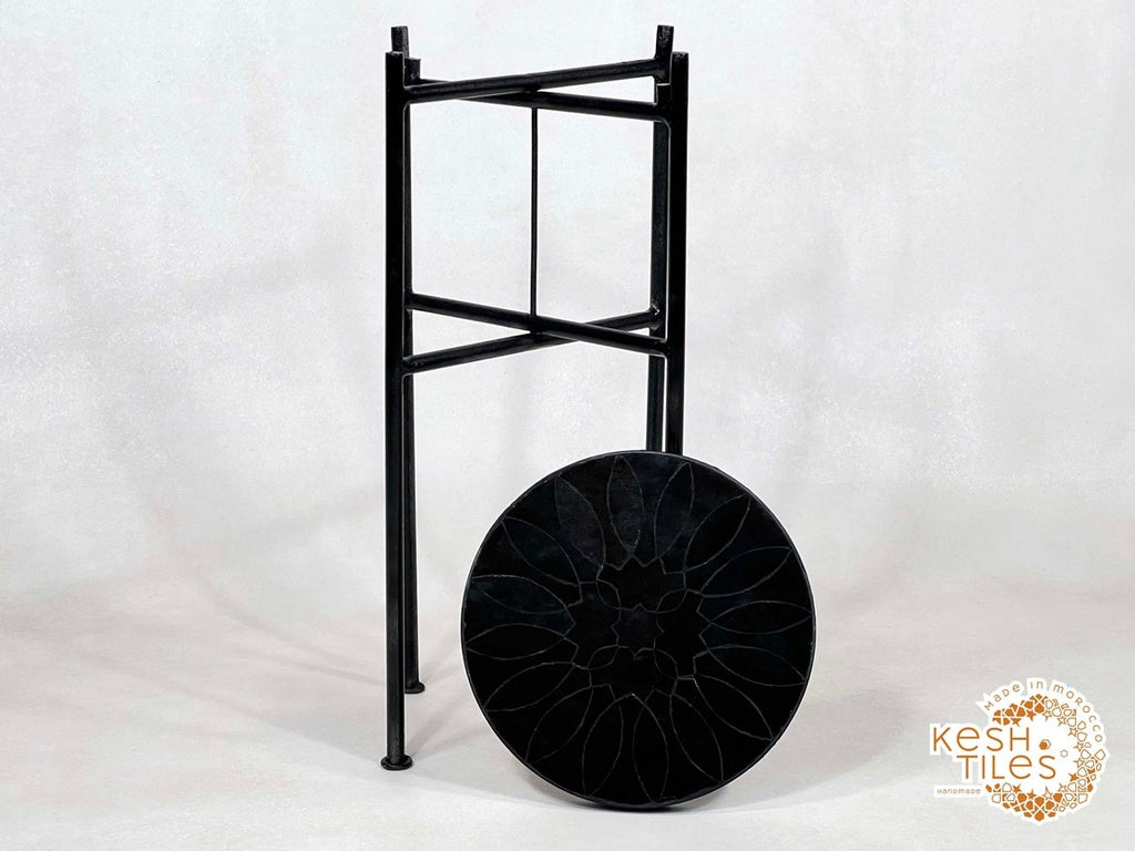 Bahia - Round Black Flower Mosaic Table, Handmade Moroccan Zellige with Iron Base