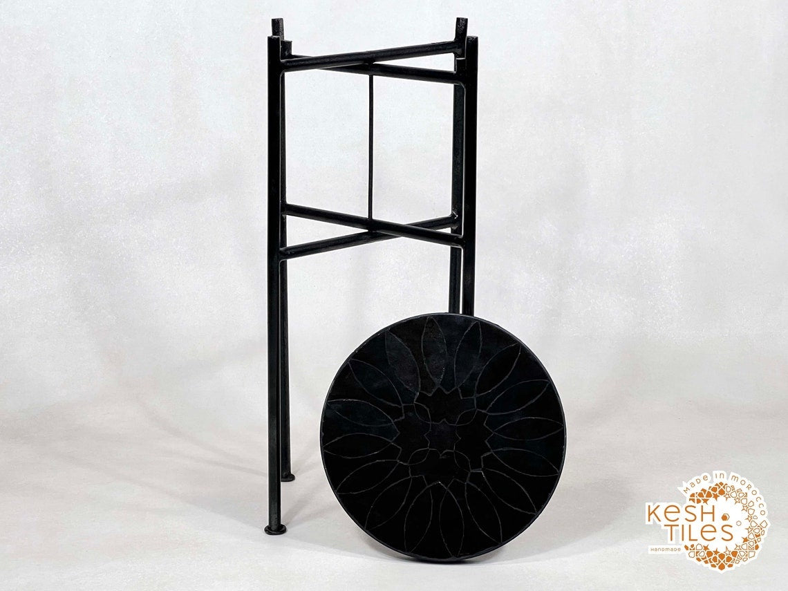 Bahia - Round Black Flower Mosaic Table, Handmade Moroccan Zellige with Iron Base