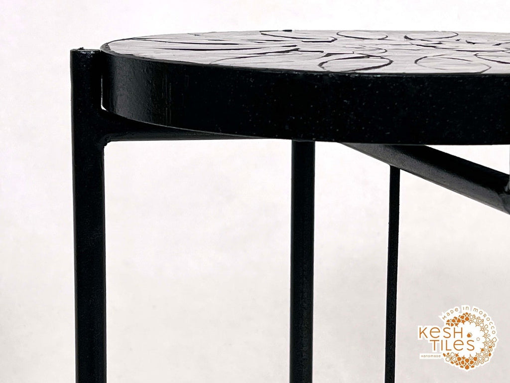 Bahia - Round Black Flower Mosaic Table, Handmade Moroccan Zellige with Iron Base
