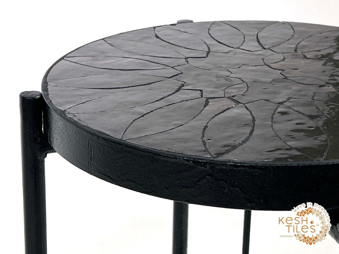 Bahia - Round Black Flower Mosaic Table, Handmade Moroccan Zellige with Iron Base