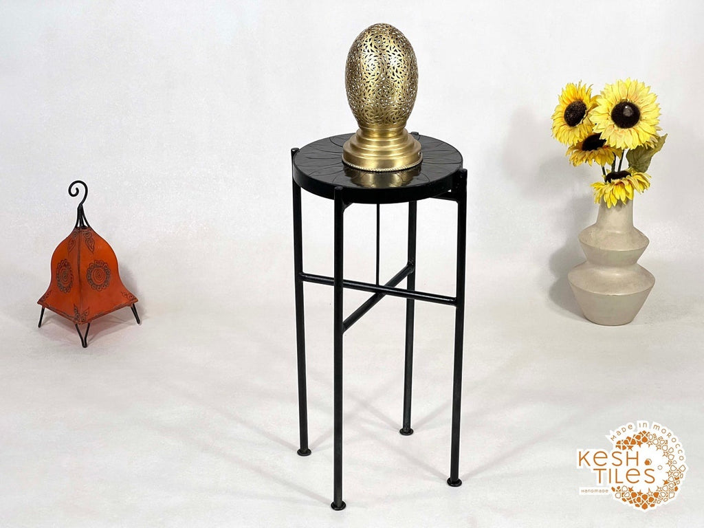 Bahia - Round Black Flower Mosaic Table, Handmade Moroccan Zellige with Iron Base