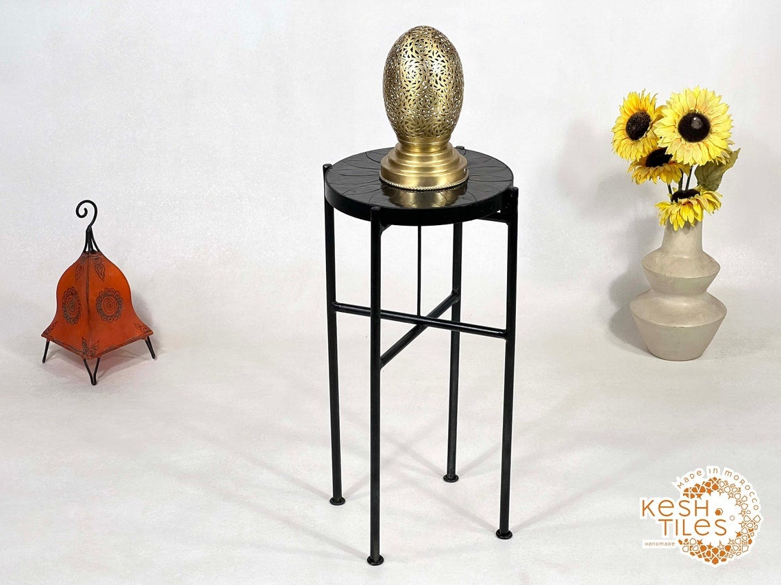 Bahia - Round Black Flower Mosaic Table, Handmade Moroccan Zellige with Iron Base