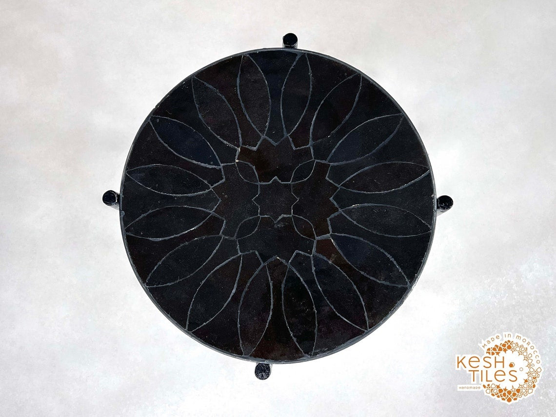Bahia - Round Black Flower Mosaic Table, Handmade Moroccan Zellige with Iron Base