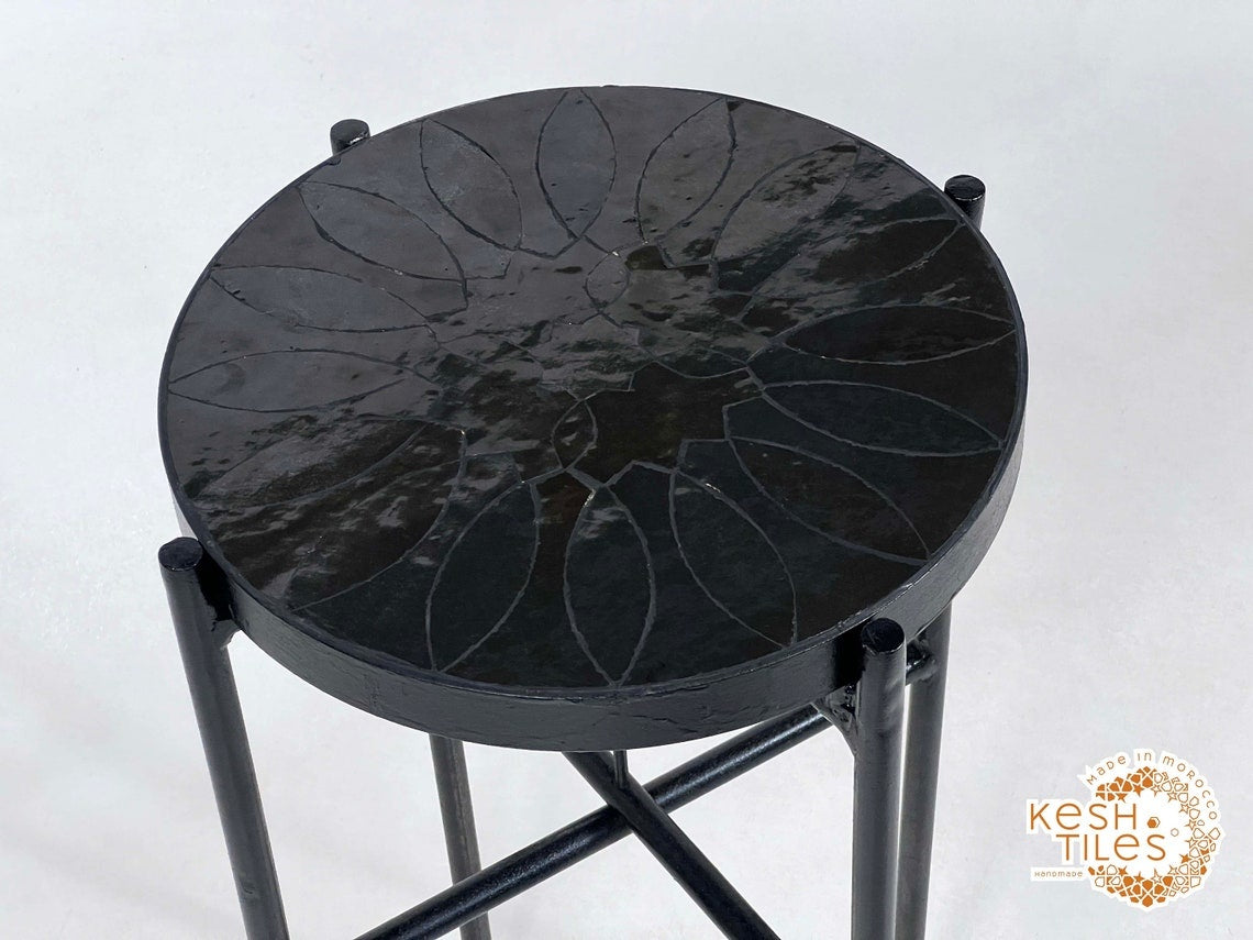 Bahia - Round Black Flower Mosaic Table, Handmade Moroccan Zellige with Iron Base