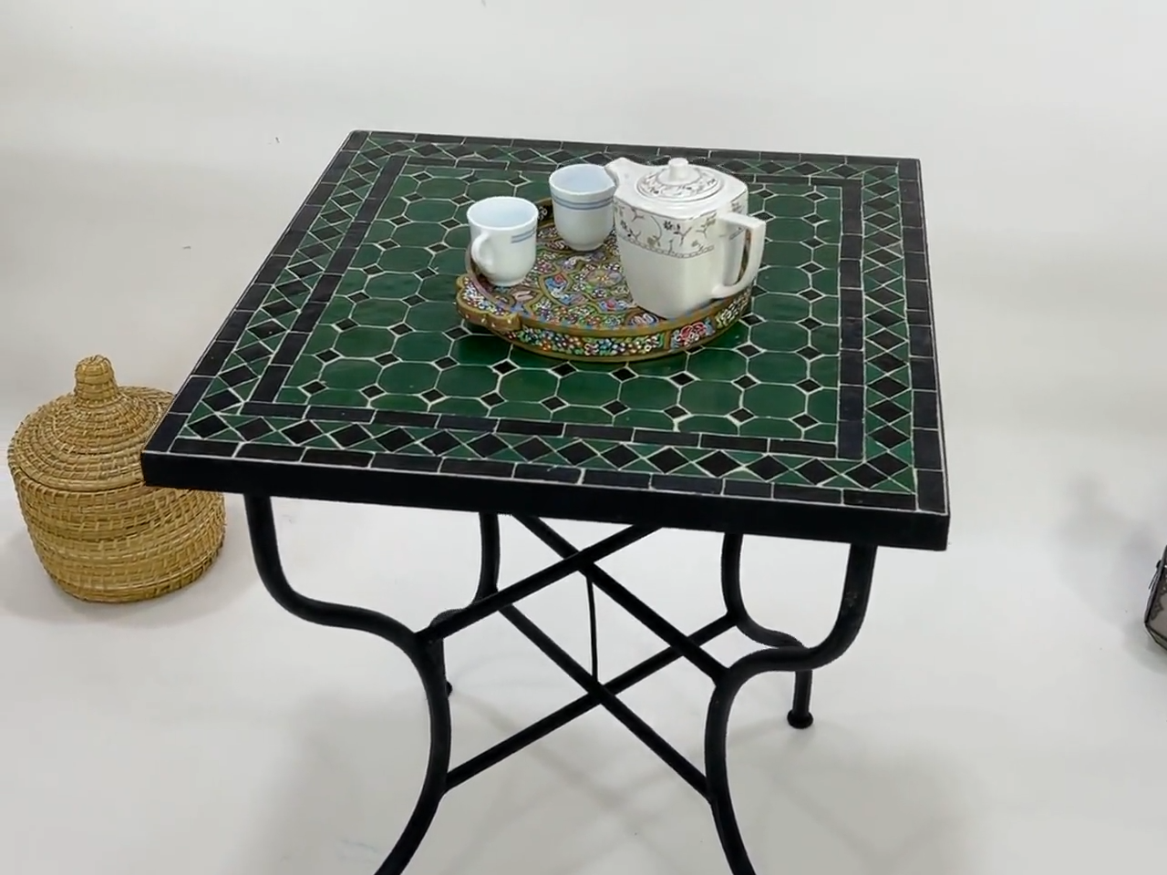 Amira- Black and Green Mosaic Table, Square Handmade Moroccan Table