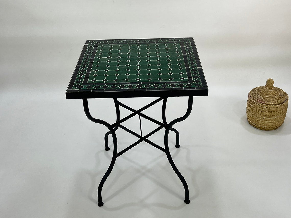 Amira- Black and Green Mosaic Table, Square Handmade Moroccan Table