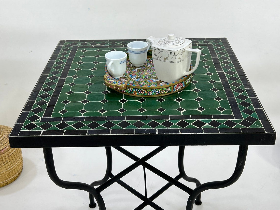Amira- Black and Green Mosaic Table, Square Handmade Moroccan Table