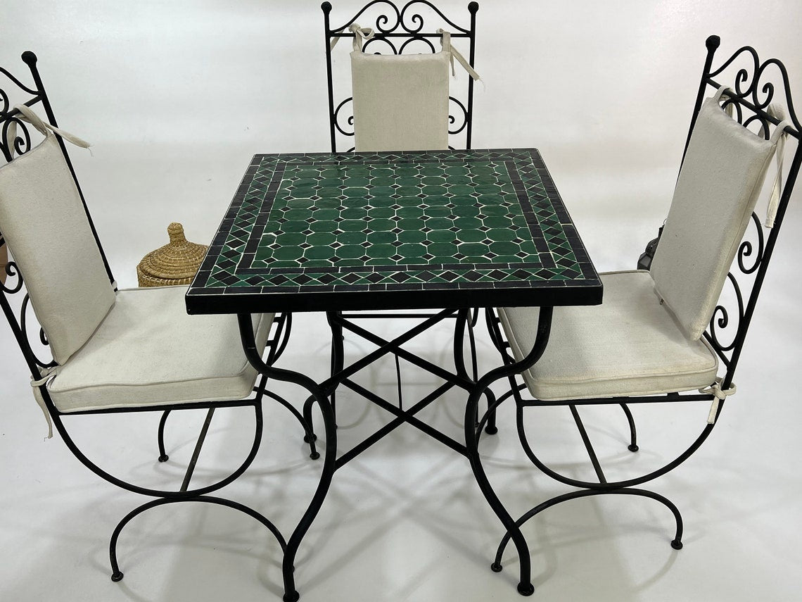 Amira- Black and Green Mosaic Table, Square Handmade Moroccan Table