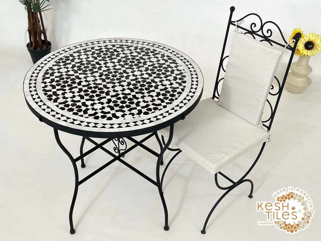 Salma - Black and White Mosaic Table, Round Handmade Moroccan Coffee Table