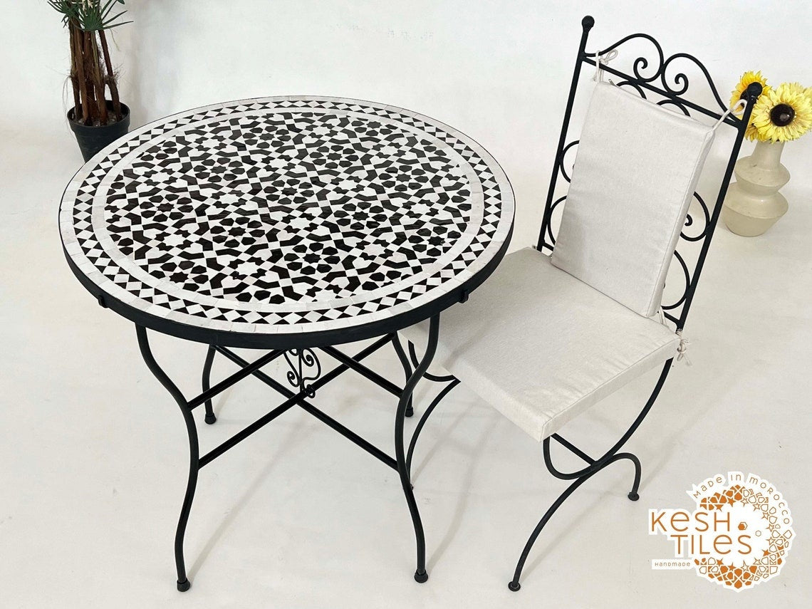 Salma - Black and White Mosaic Table, Round Handmade Moroccan Coffee Table