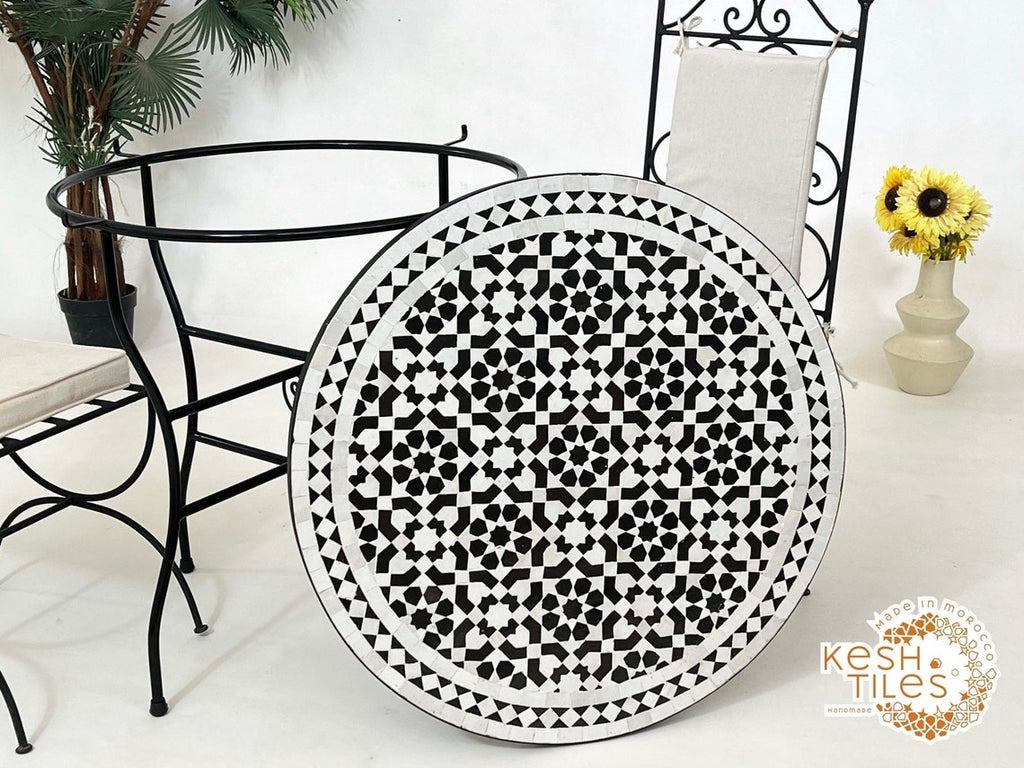 Salma - Black and White Mosaic Table, Round Handmade Moroccan Coffee Table