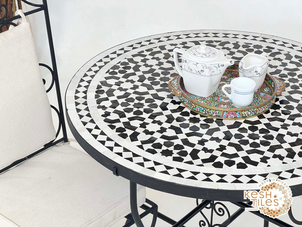 Salma - Black and White Mosaic Table, Round Handmade Moroccan Coffee Table