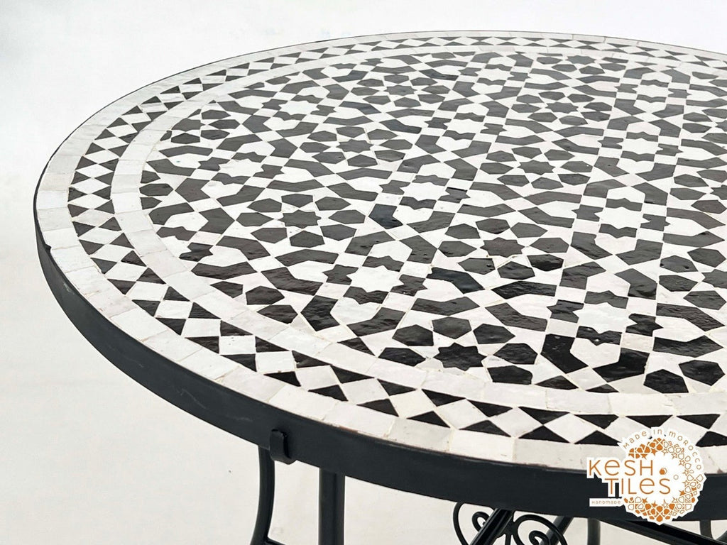 Salma - Black and White Mosaic Table, Round Handmade Moroccan Coffee Table